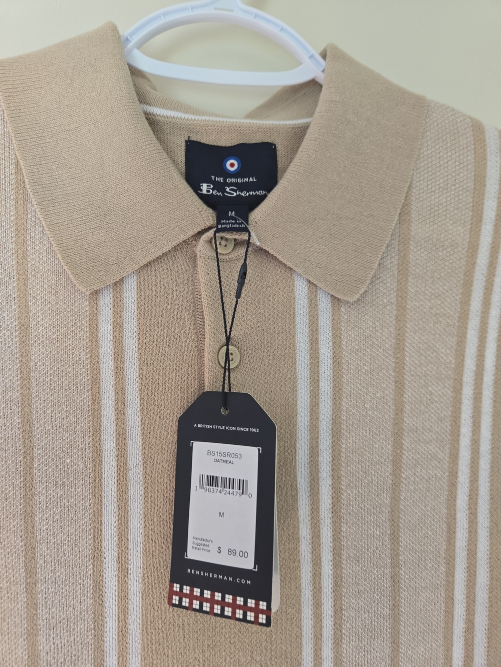 Ben Sherman M Tan Polo with White Vertical Stripes Knit Org. 89.00 - Picture 3 of 6